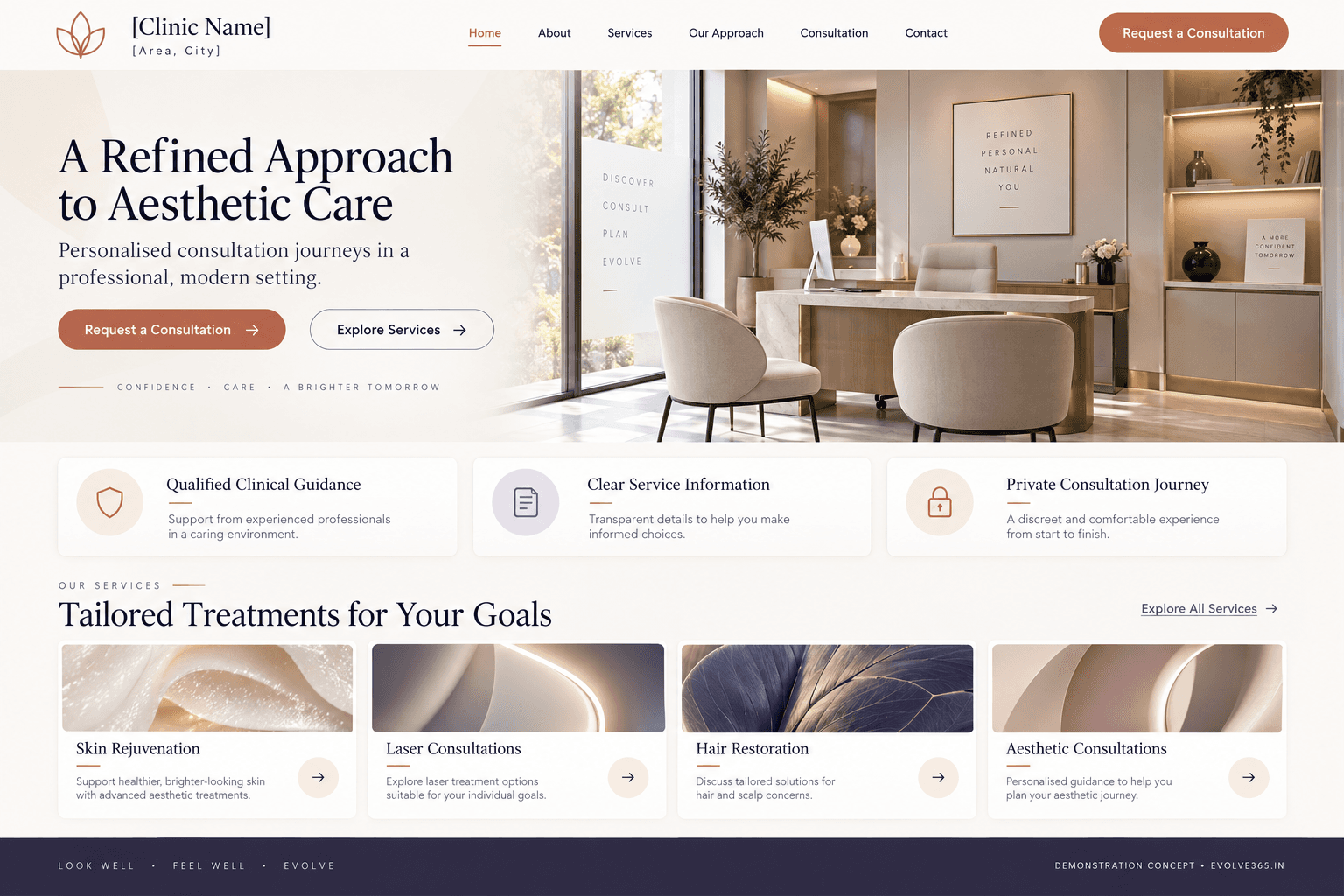 Desktop homepage concept for a fictional aesthetic and cosmetic clinic