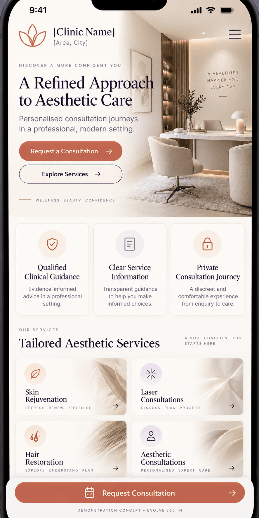 Mobile homepage concept for a fictional aesthetic and cosmetic clinic