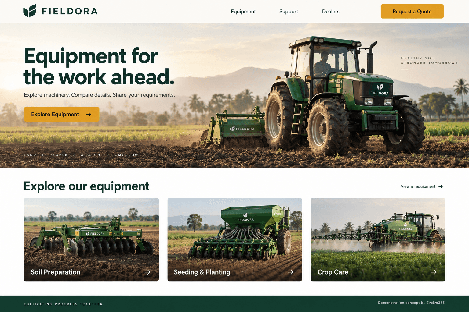 Desktop homepage concept for FIELDORA, a fictional agricultural machinery brand