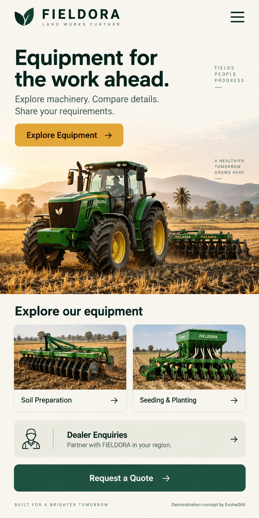 Mobile homepage concept for FIELDORA, a fictional agricultural machinery brand