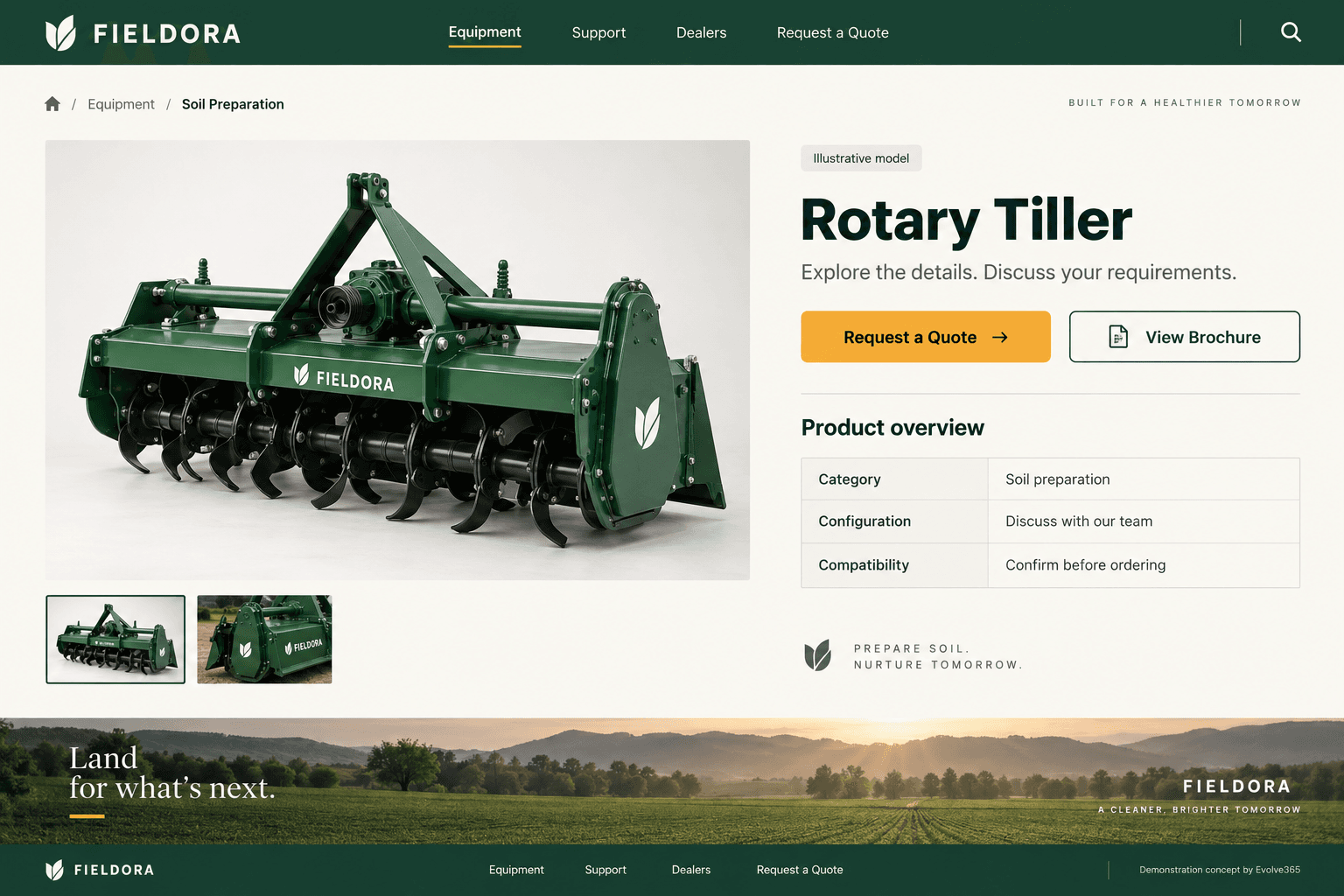 Product detail page concept for FIELDORA, a fictional agricultural machinery brand