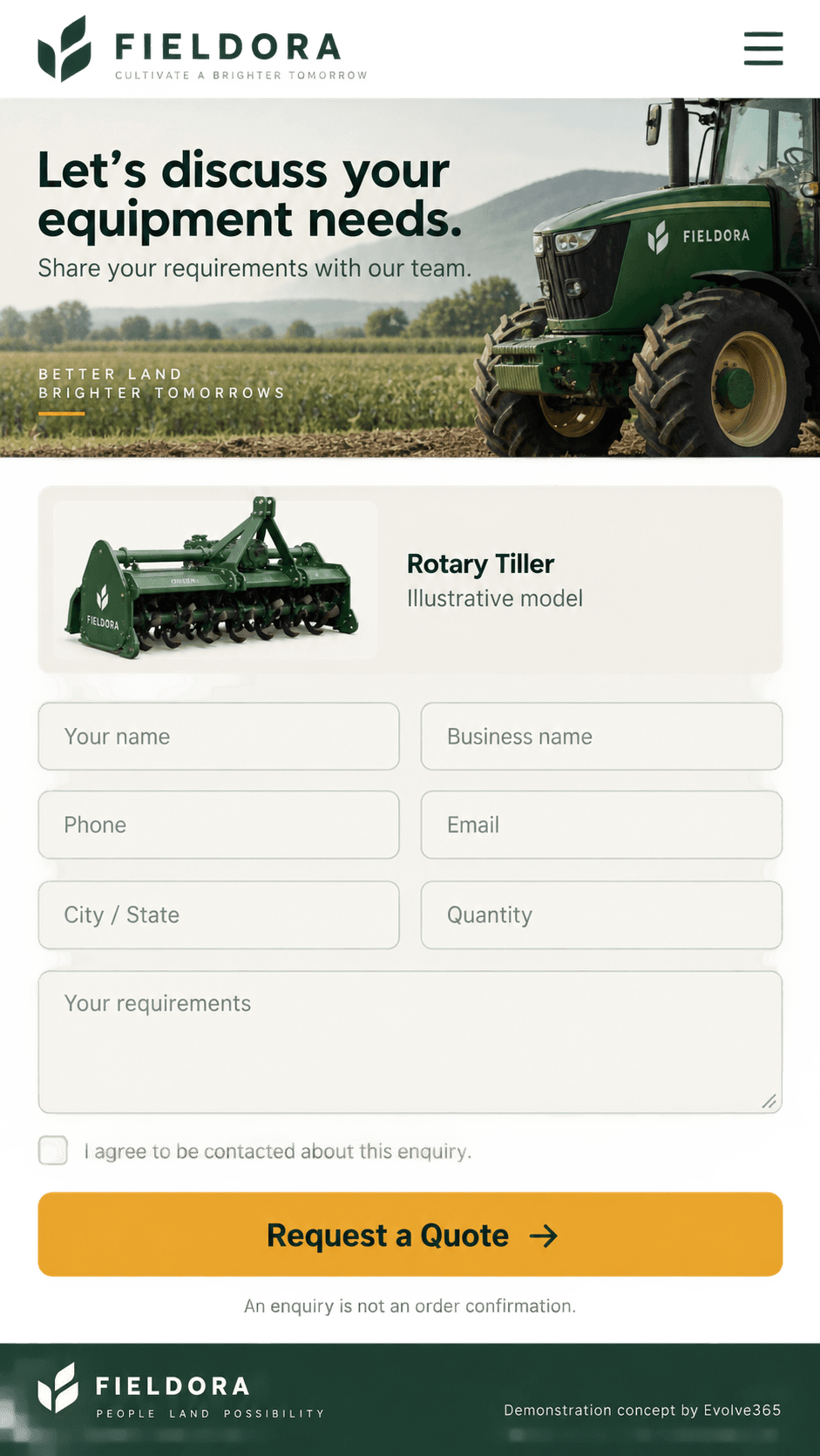 Quotation enquiry journey concept for FIELDORA, a fictional agricultural machinery brand