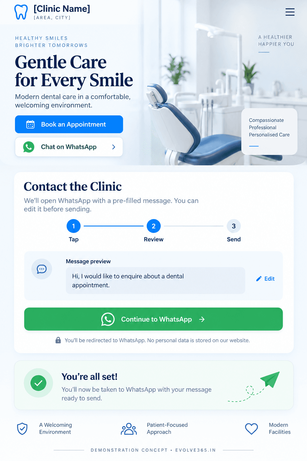 Dental WhatsApp enquiry journey demonstration by Evolve365