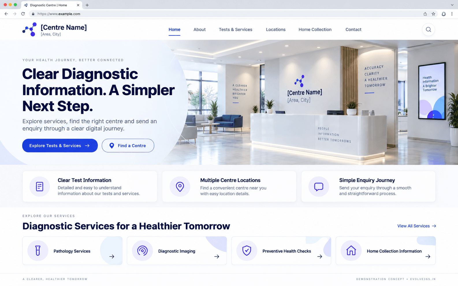 Desktop homepage concept for a fictional diagnostic centre