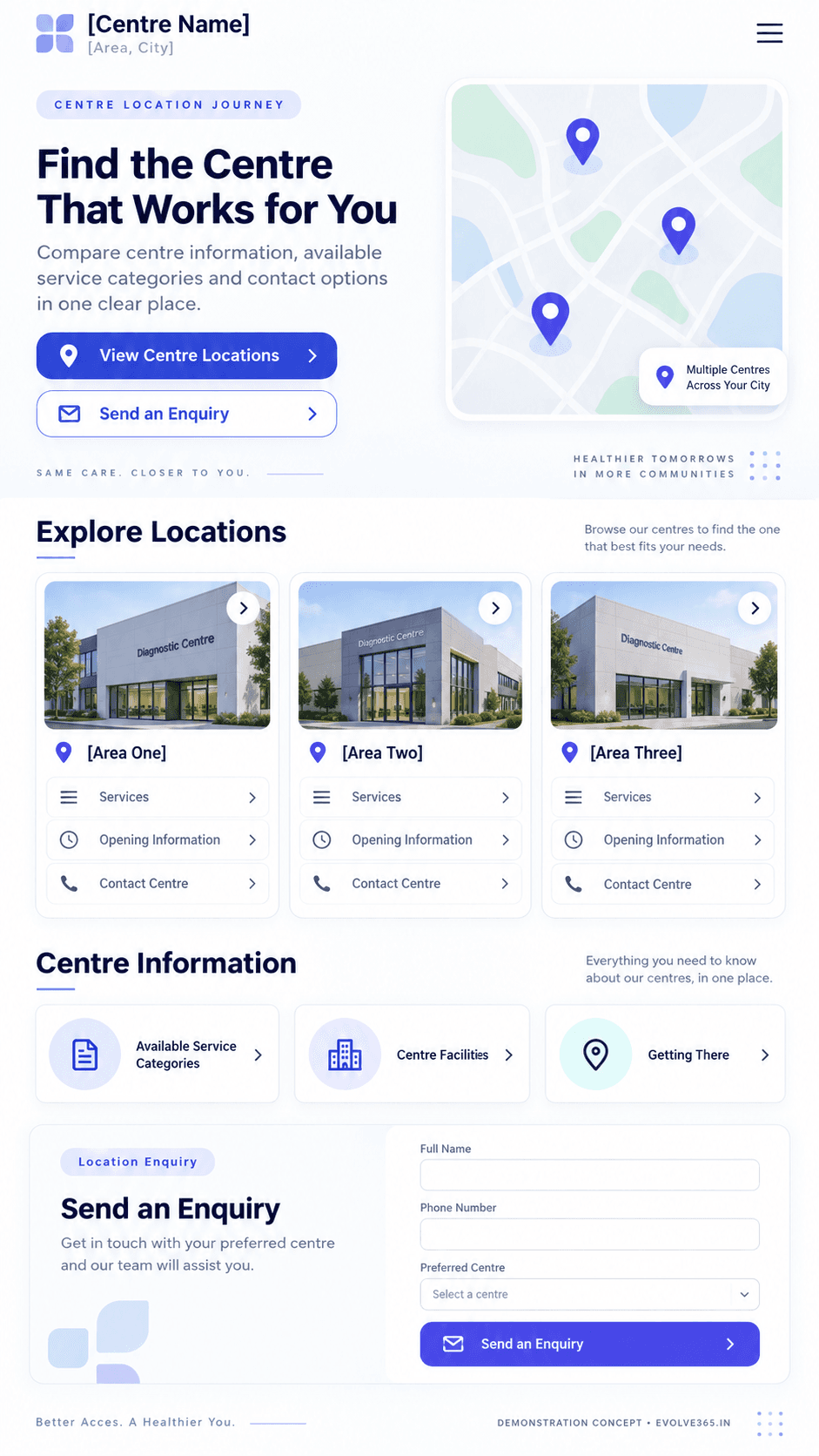Centre location journey concept for a multi-location diagnostic provider