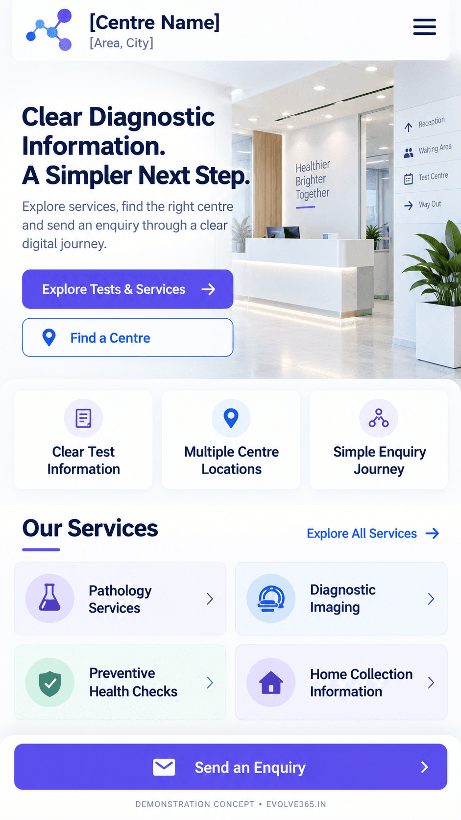 Mobile homepage concept for a fictional diagnostic centre