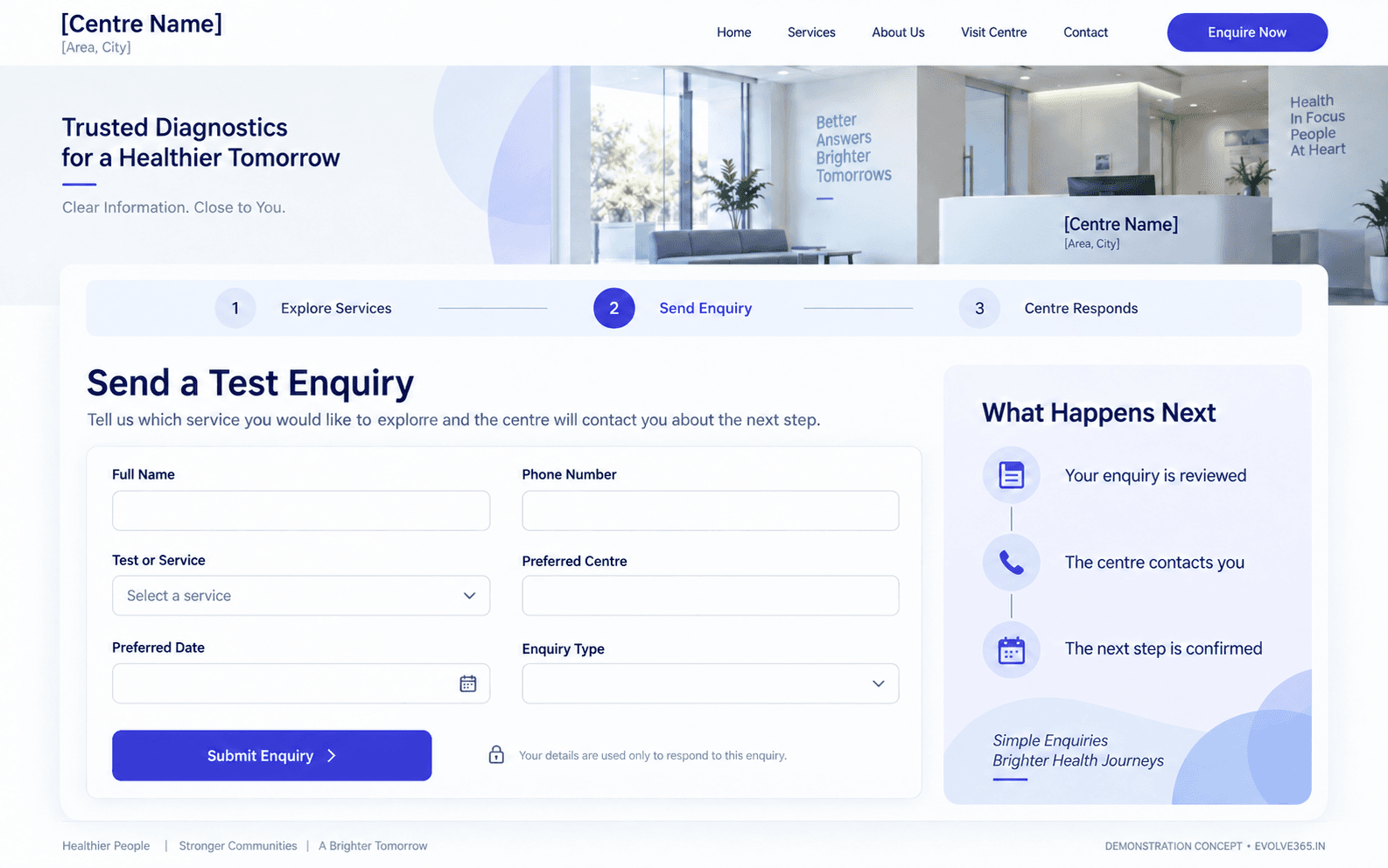 Test enquiry journey concept for a diagnostic centre