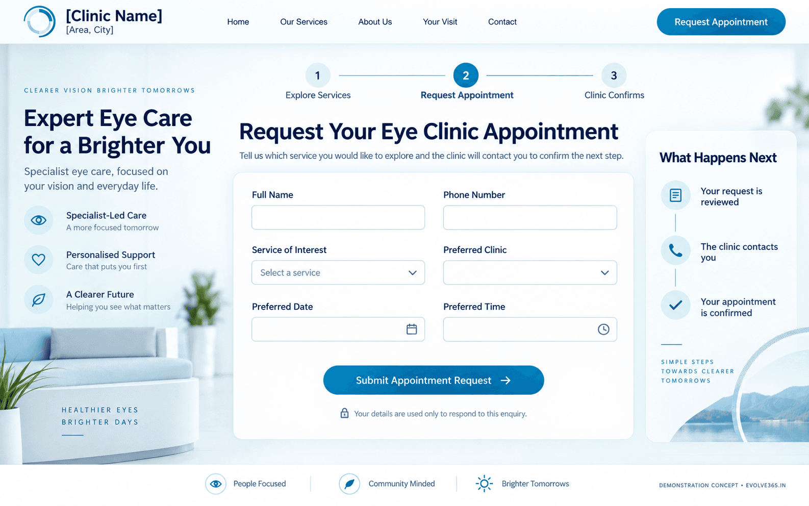 Appointment enquiry journey concept for an eye clinic