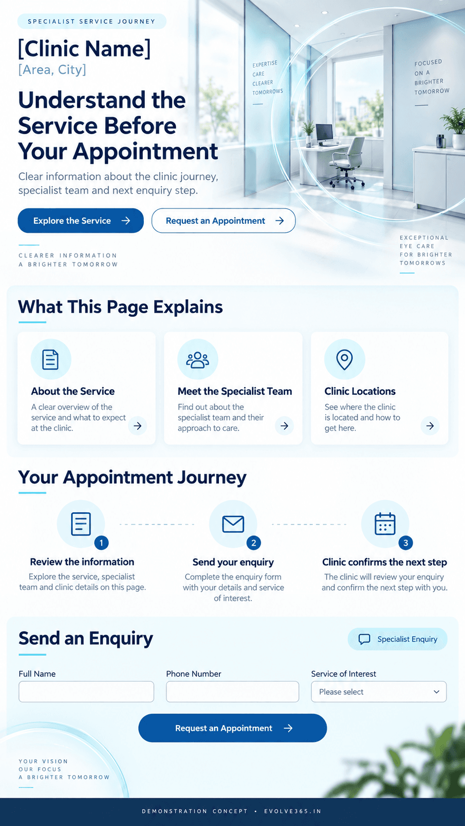 Specialist service journey concept for an ophthalmology practice