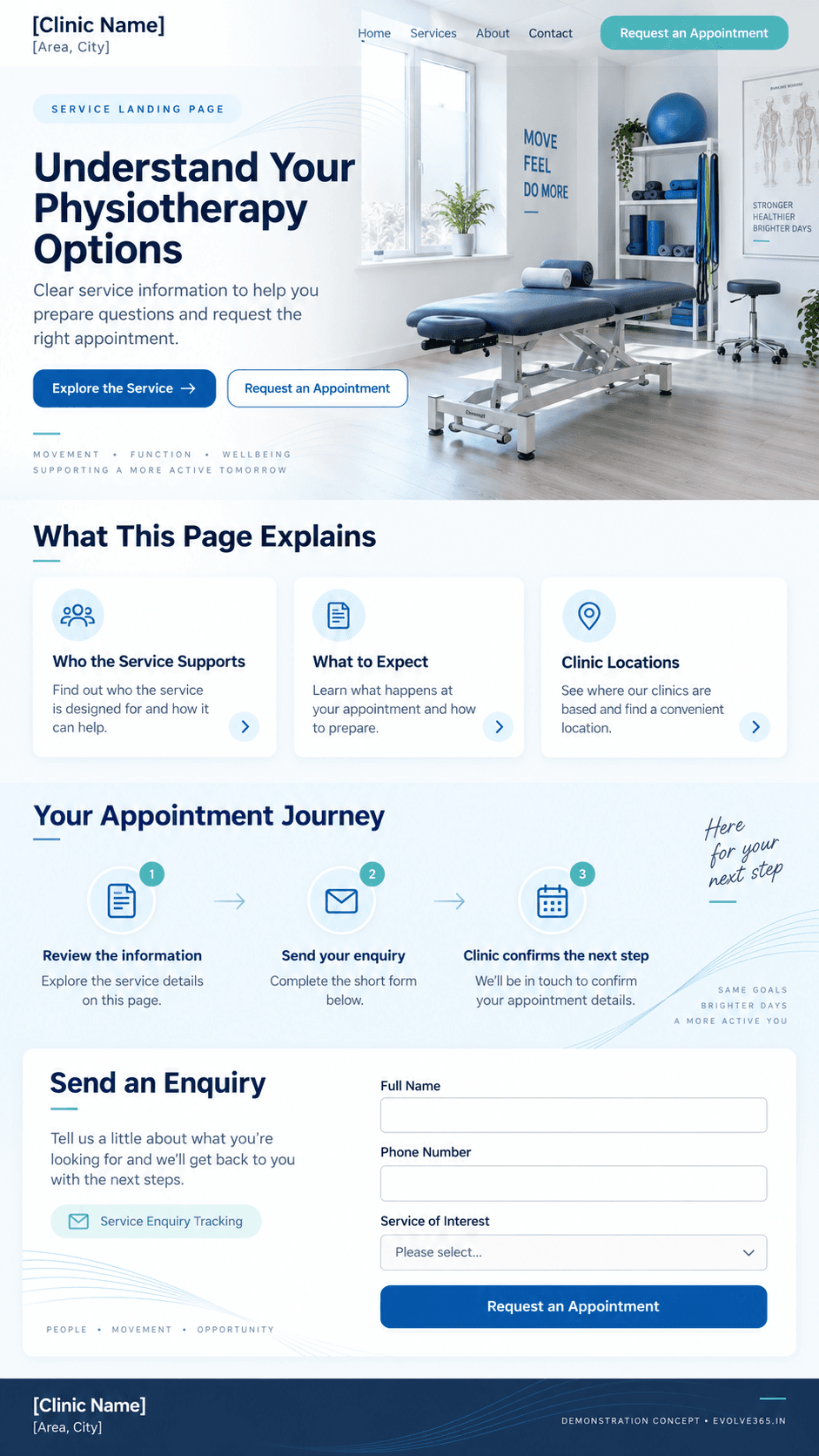 Service landing-page journey concept for a rehabilitation practice
