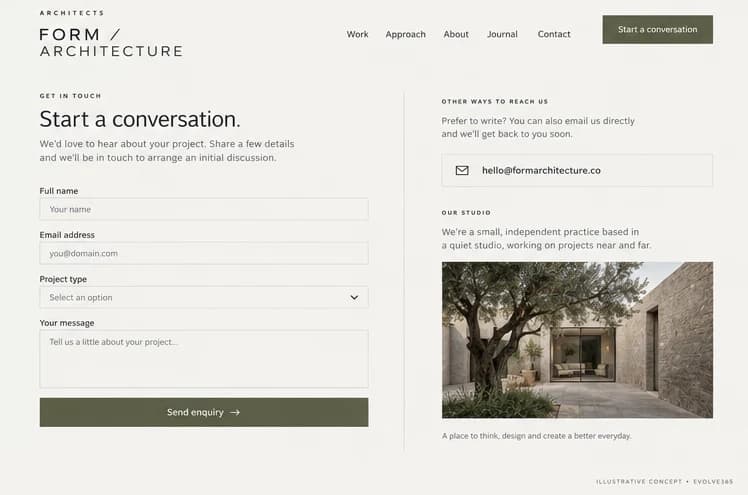 Project enquiry concept for a fictional architecture practice