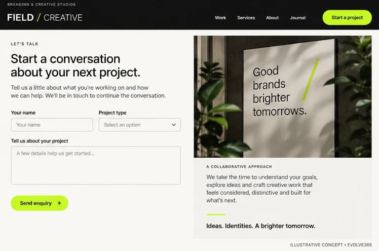 Project enquiry concept for a fictional branding and creative studio