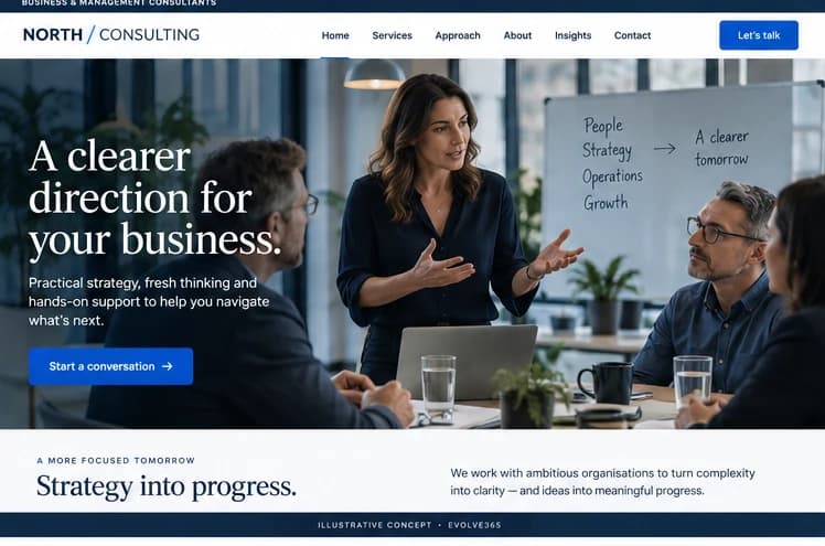 Desktop homepage concept for a fictional business consulting practice
