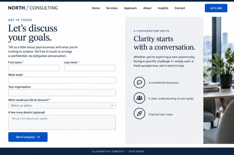Discovery call request concept for a fictional business consulting practice