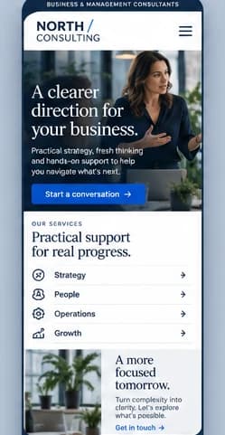 Mobile homepage concept for a fictional business consulting practice