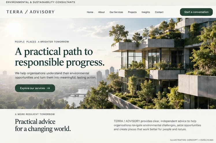 Desktop homepage concept for a fictional environmental and sustainability consultancy