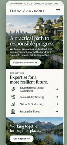 Mobile homepage concept for a fictional environmental and sustainability consultancy