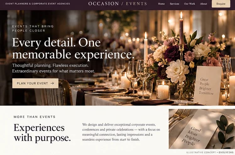 Desktop homepage concept for a fictional event planning agency
