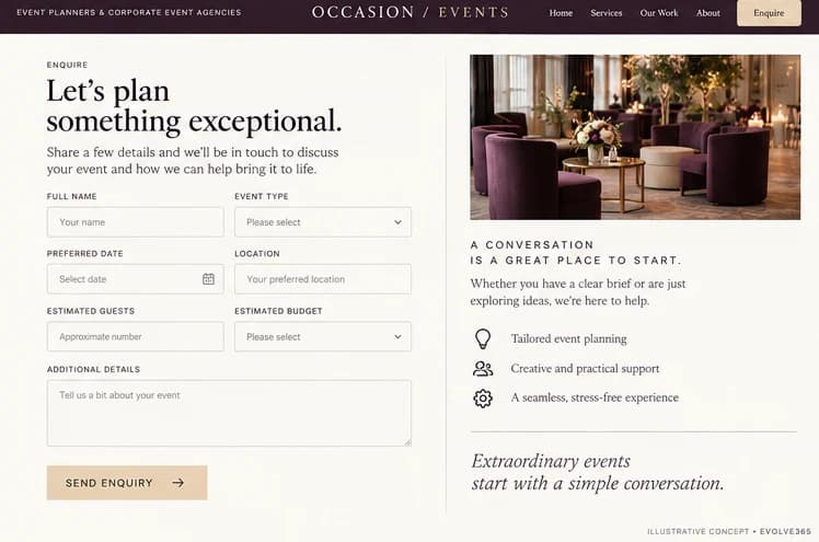 Event enquiry concept for a fictional event planning agency