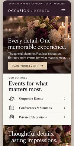 Mobile homepage concept for a fictional event planning agency