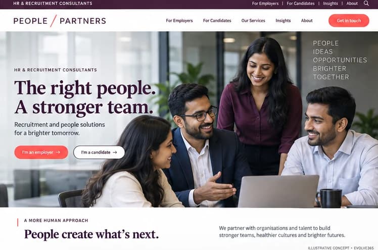 Desktop homepage concept for a fictional HR and recruitment consultancy