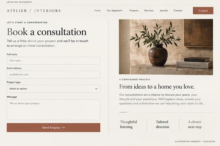 Consultation enquiry concept for a fictional interior design studio