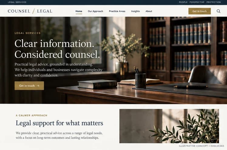 Desktop homepage concept for a fictional legal practice