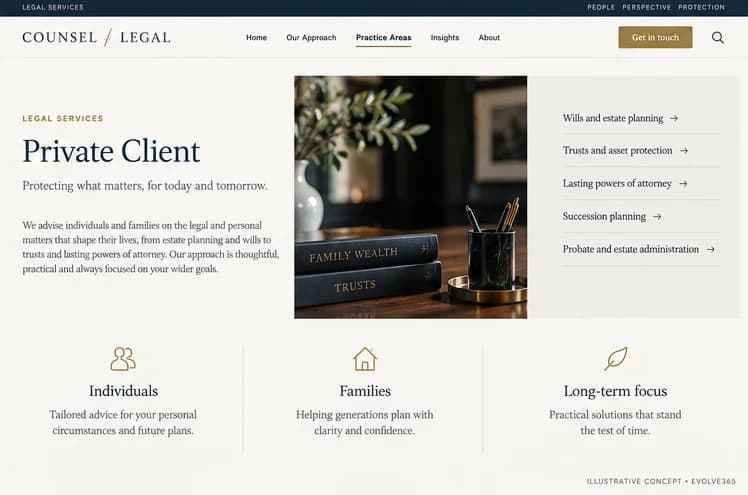 Practice area information concept for a fictional legal practice