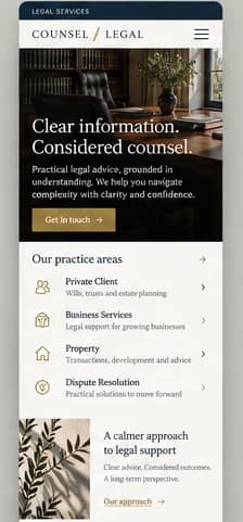 Mobile homepage concept for a fictional legal practice