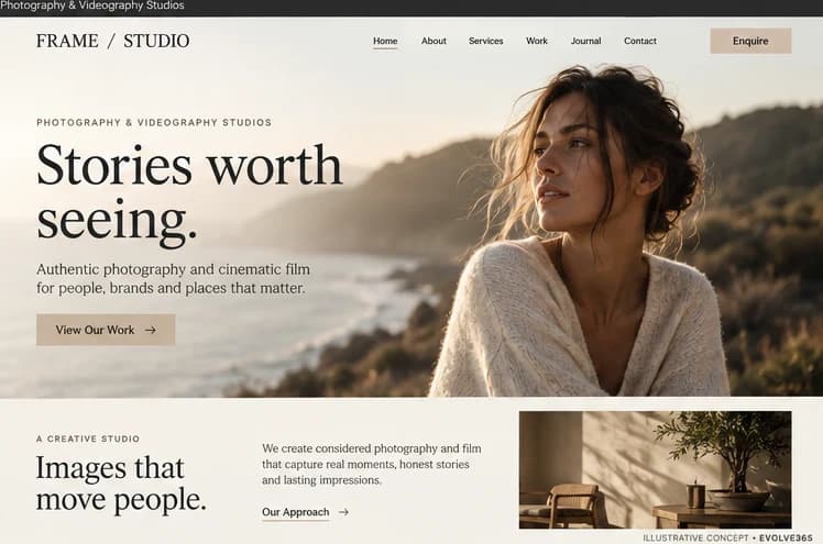 Desktop homepage concept for a fictional photography and videography studio