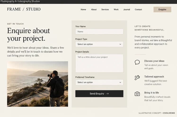 Availability enquiry concept for a fictional photography and videography studio
