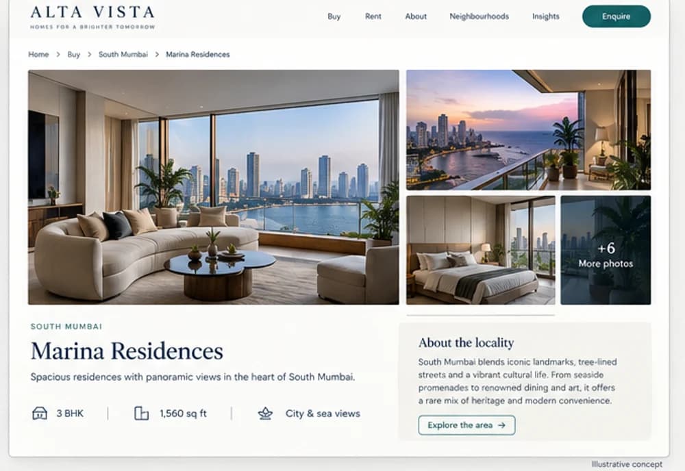 Illustrative property detail page concept for a fictional residential and commercial real estate brokerage