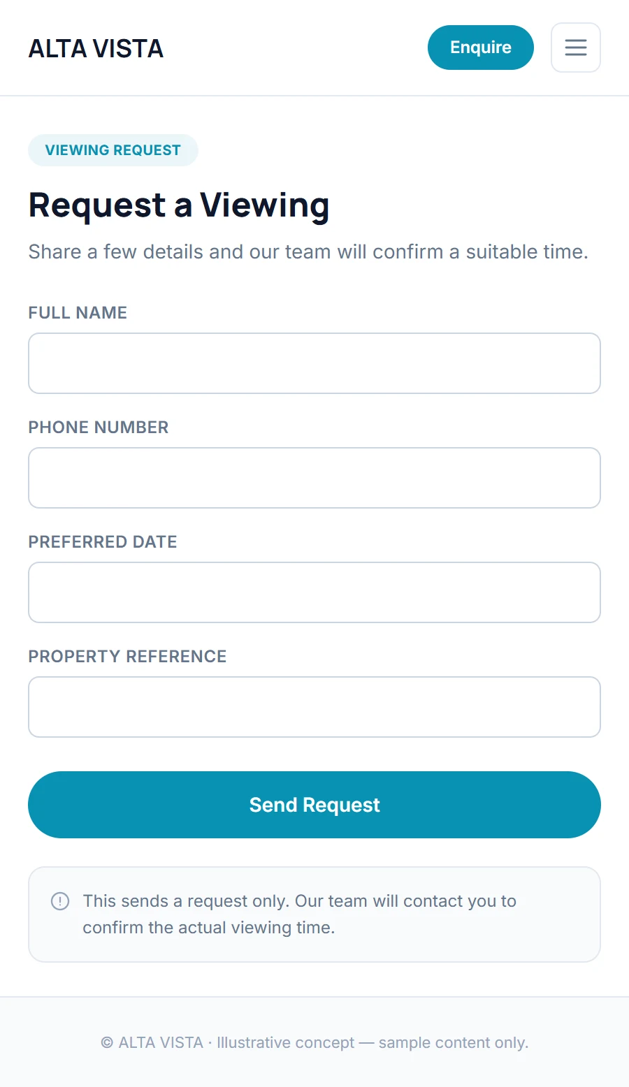 Illustrative mobile viewing request journey concept for a fictional residential and commercial real estate brokerage