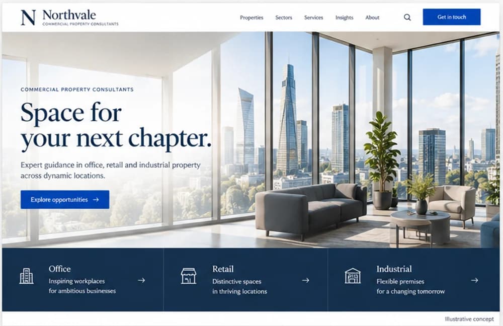 Illustrative desktop homepage concept for a fictional commercial property consultancy