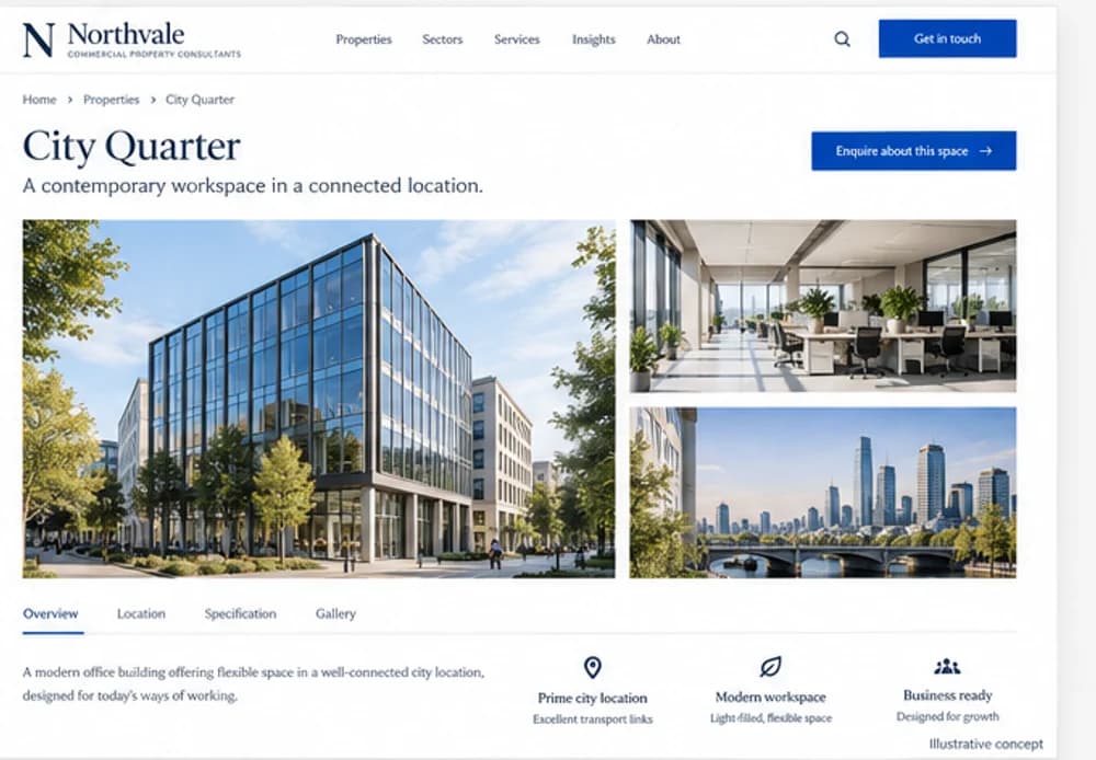 Illustrative commercial space detail page concept for a fictional commercial property consultancy