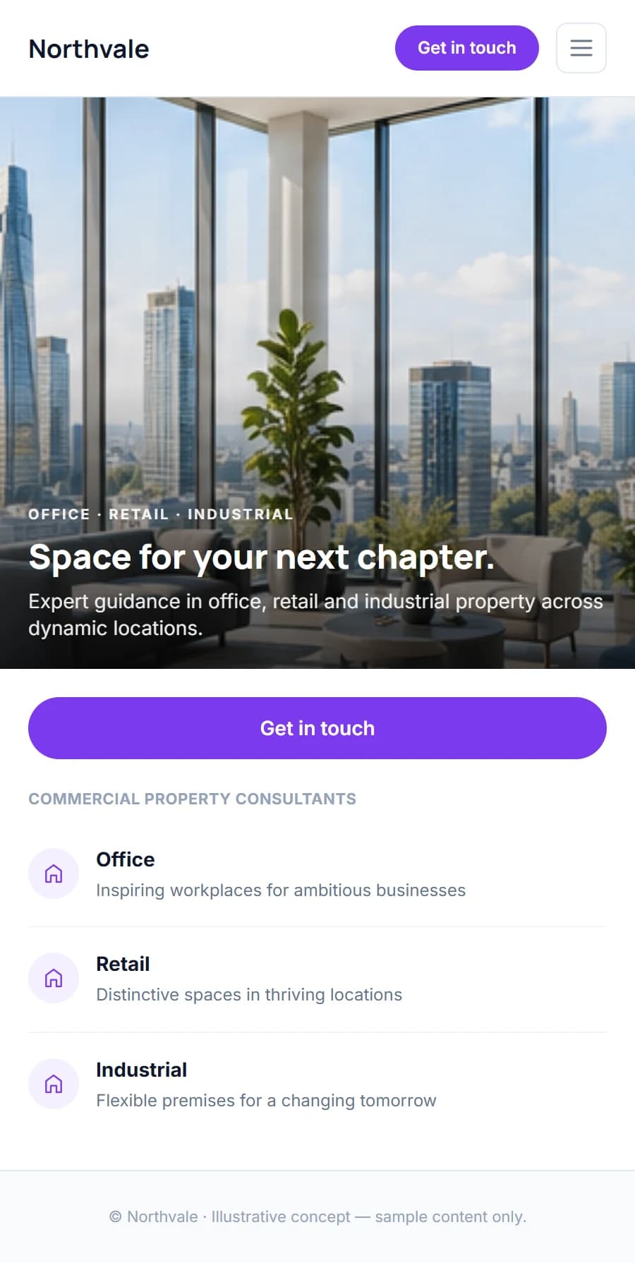 Illustrative mobile homepage concept for a fictional commercial property consultancy