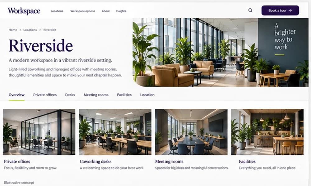 Illustrative workspace detail page concept for a fictional coworking and managed office space provider