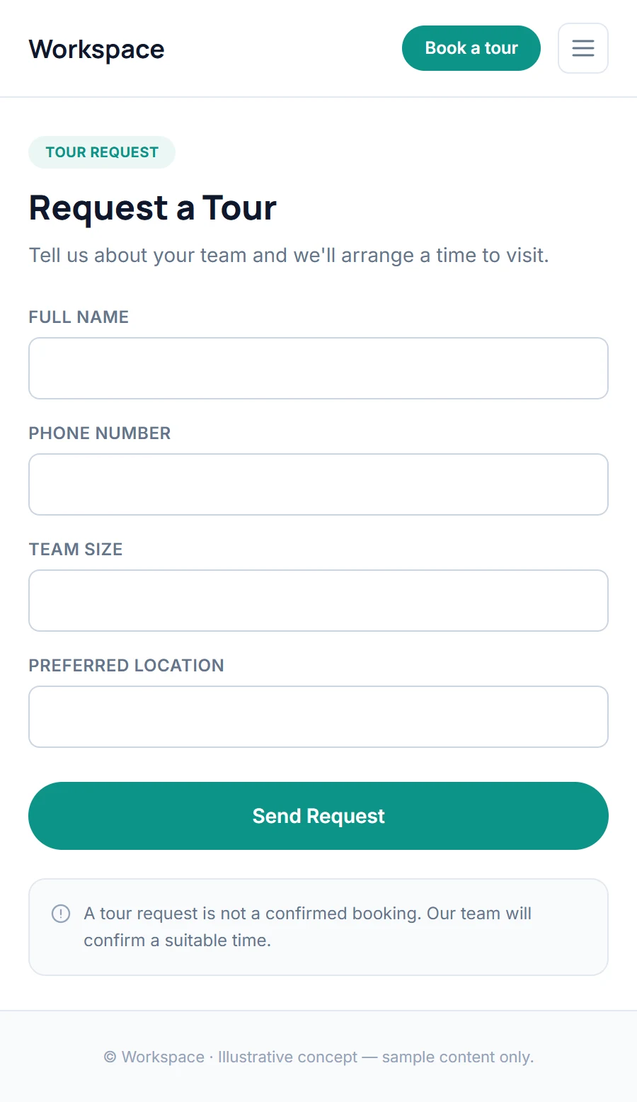 Illustrative mobile tour request journey concept for a fictional coworking and managed office space provider