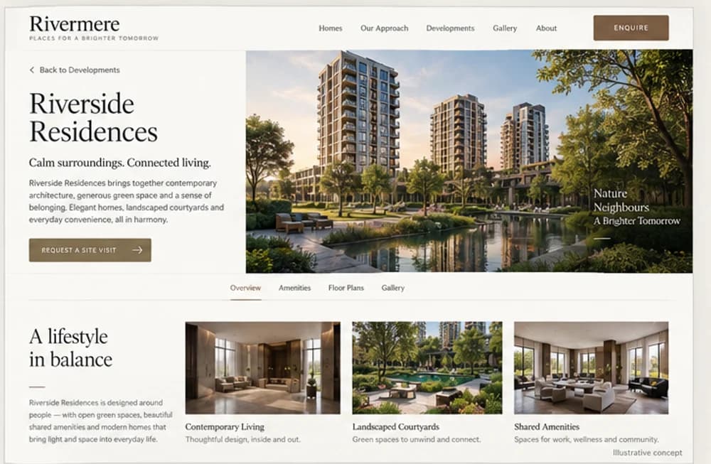 Illustrative project detail page concept for a fictional residential property development
