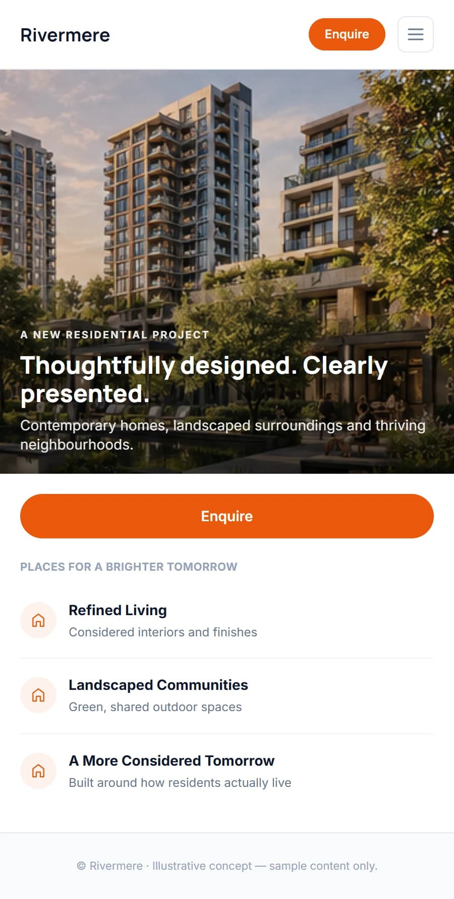 Illustrative mobile homepage concept for a fictional residential property development