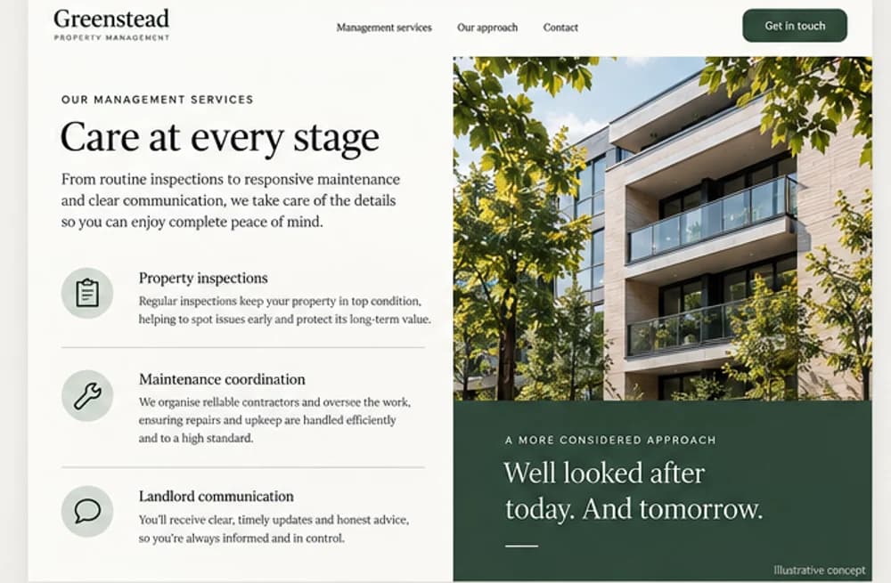 Illustrative management services page concept for a fictional property management company