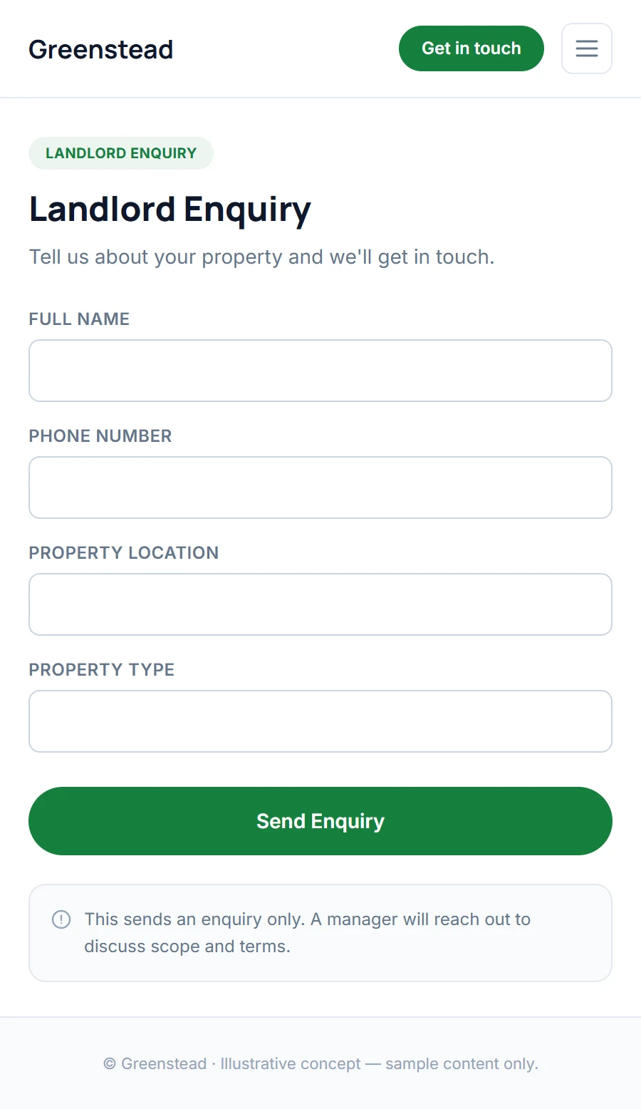 Illustrative mobile landlord enquiry journey concept for a fictional property management company