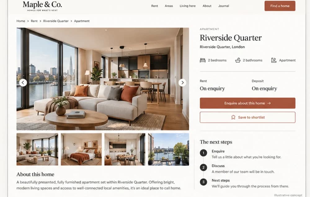 Illustrative rental detail page concept for a fictional rental and leasing agency