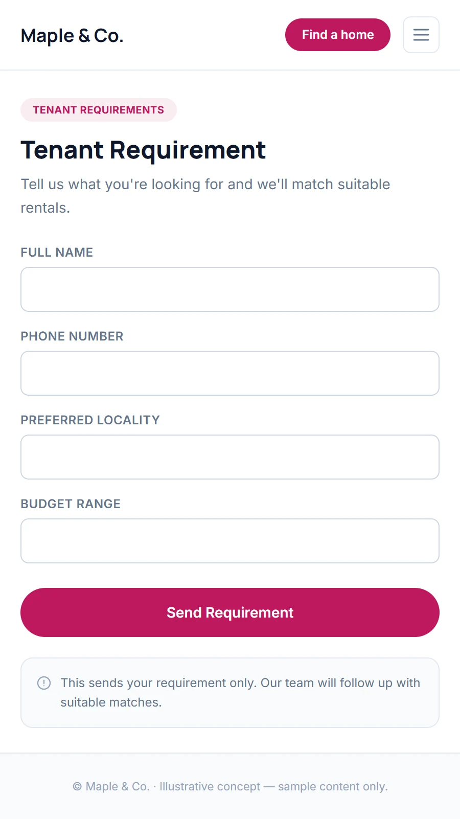 Illustrative mobile tenant requirements journey concept for a fictional rental and leasing agency