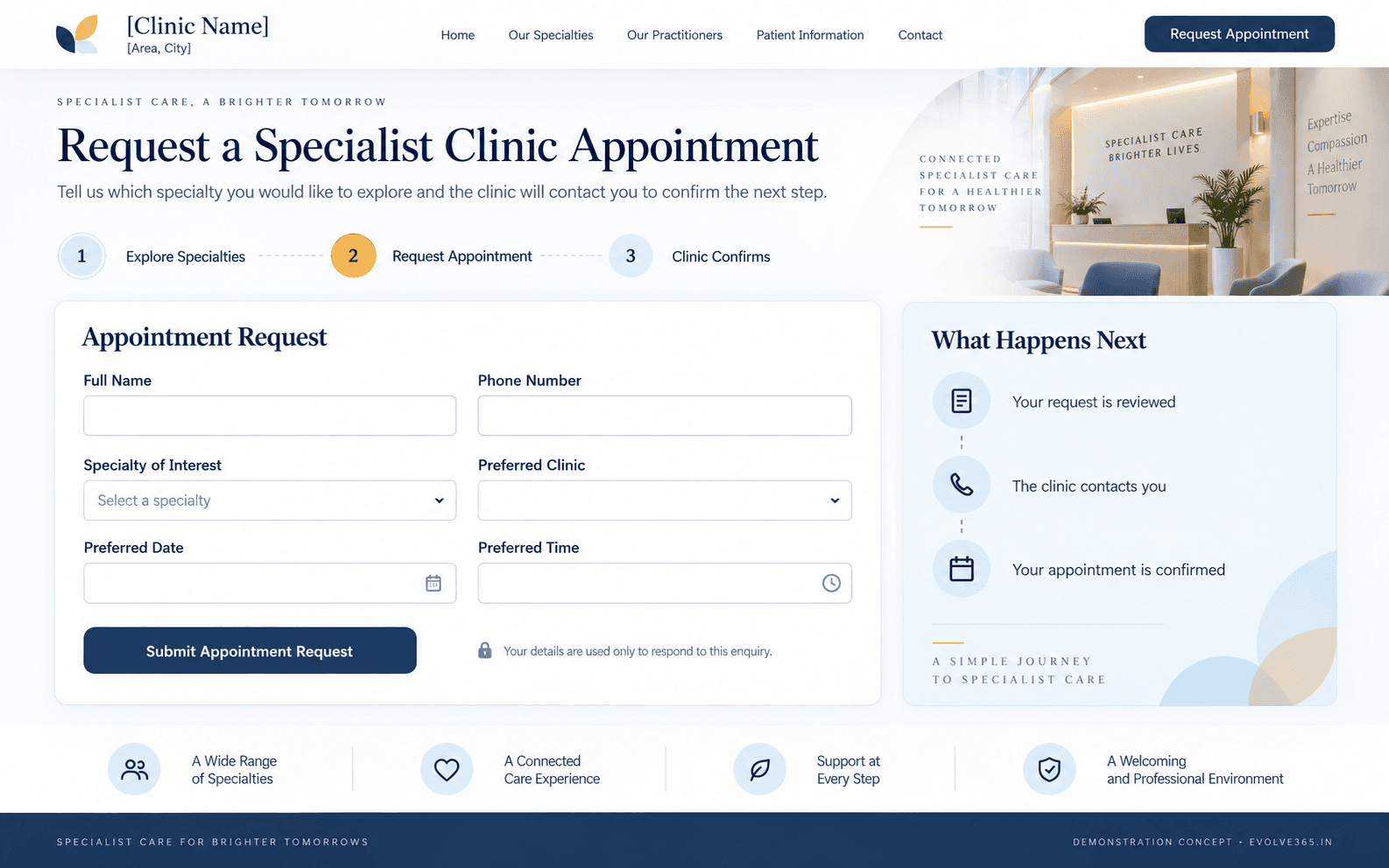 Appointment enquiry journey concept for a specialist clinic