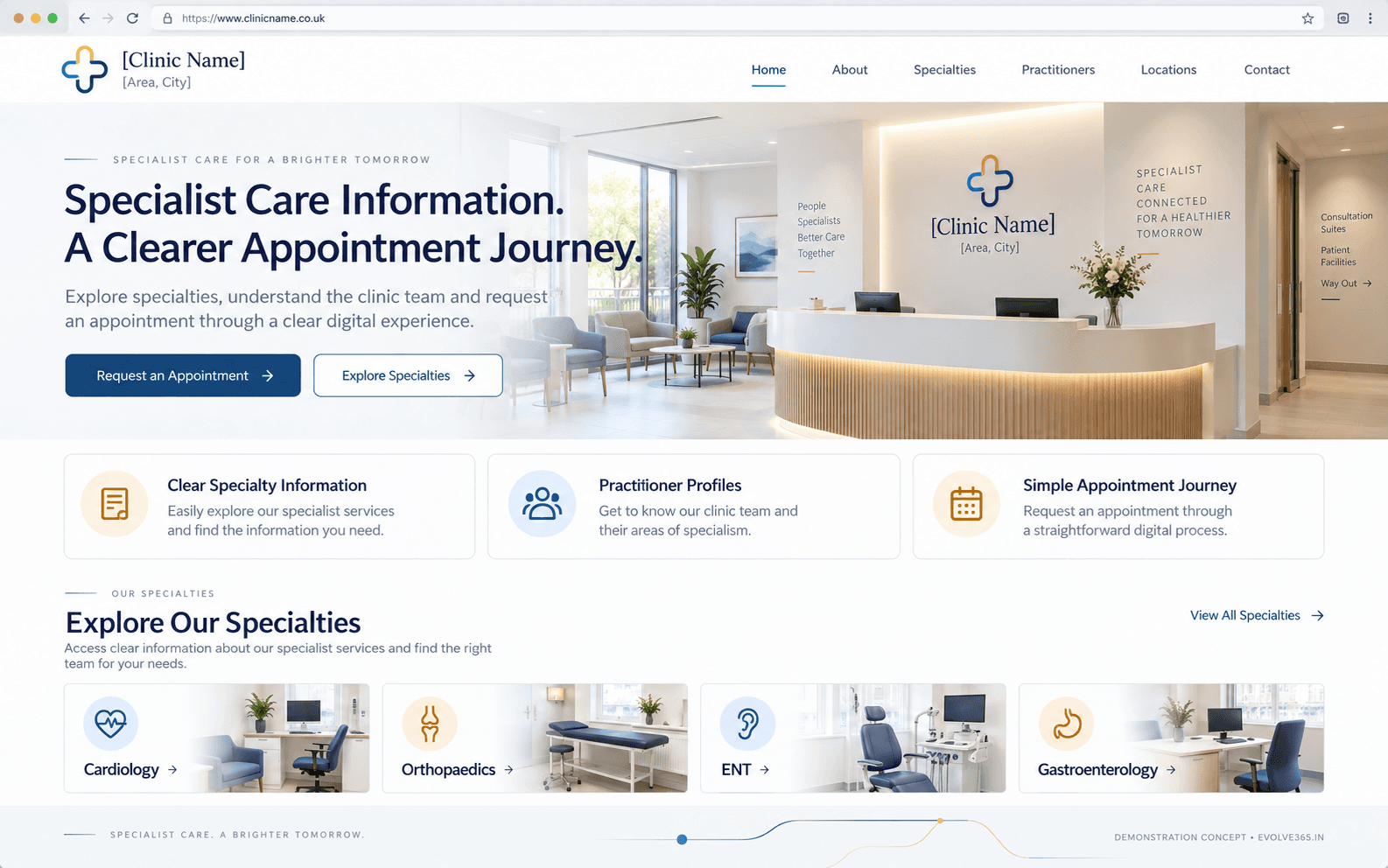 Desktop homepage concept for a fictional specialist clinic