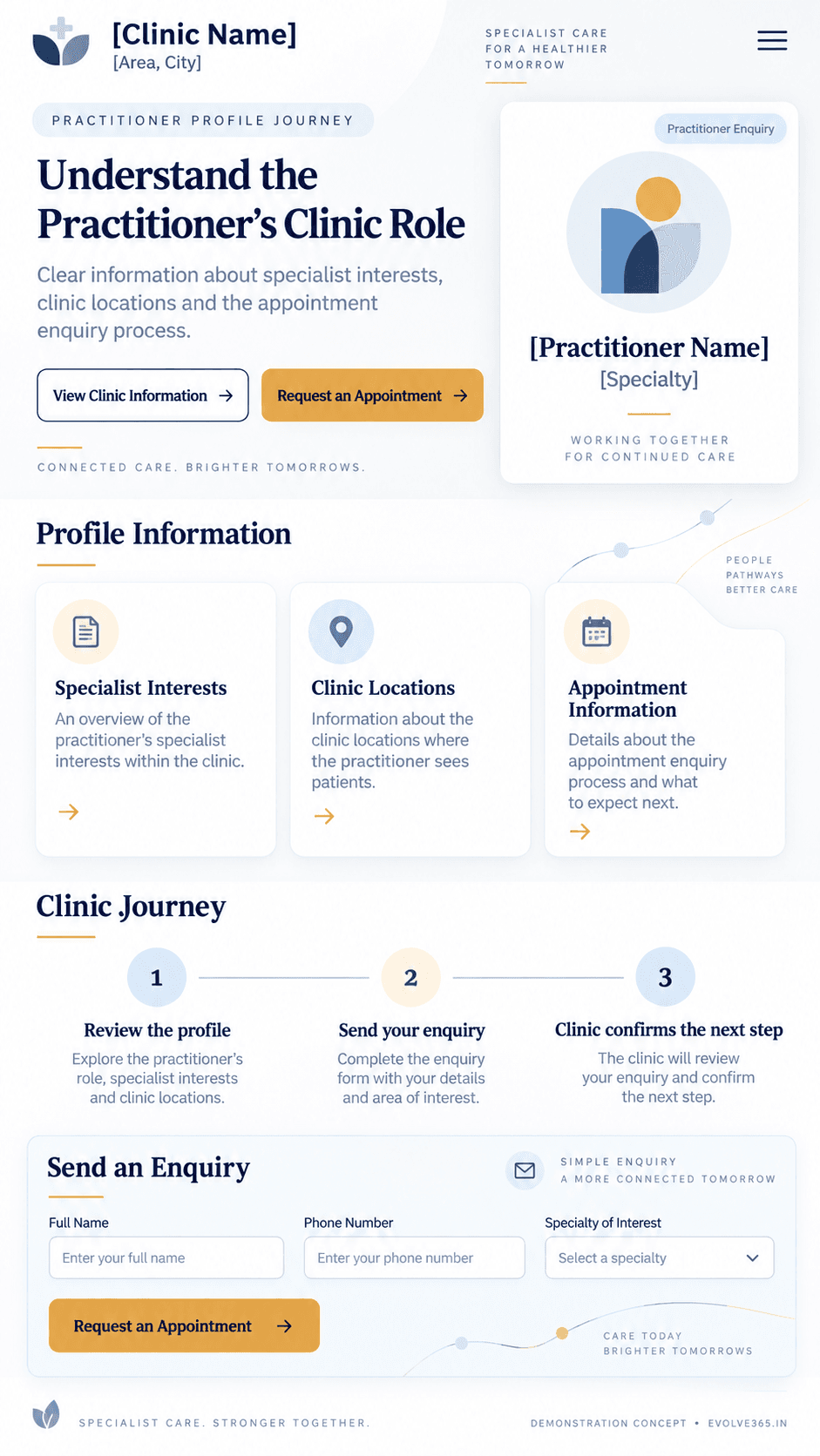 Practitioner profile journey concept for a fictional medical practice