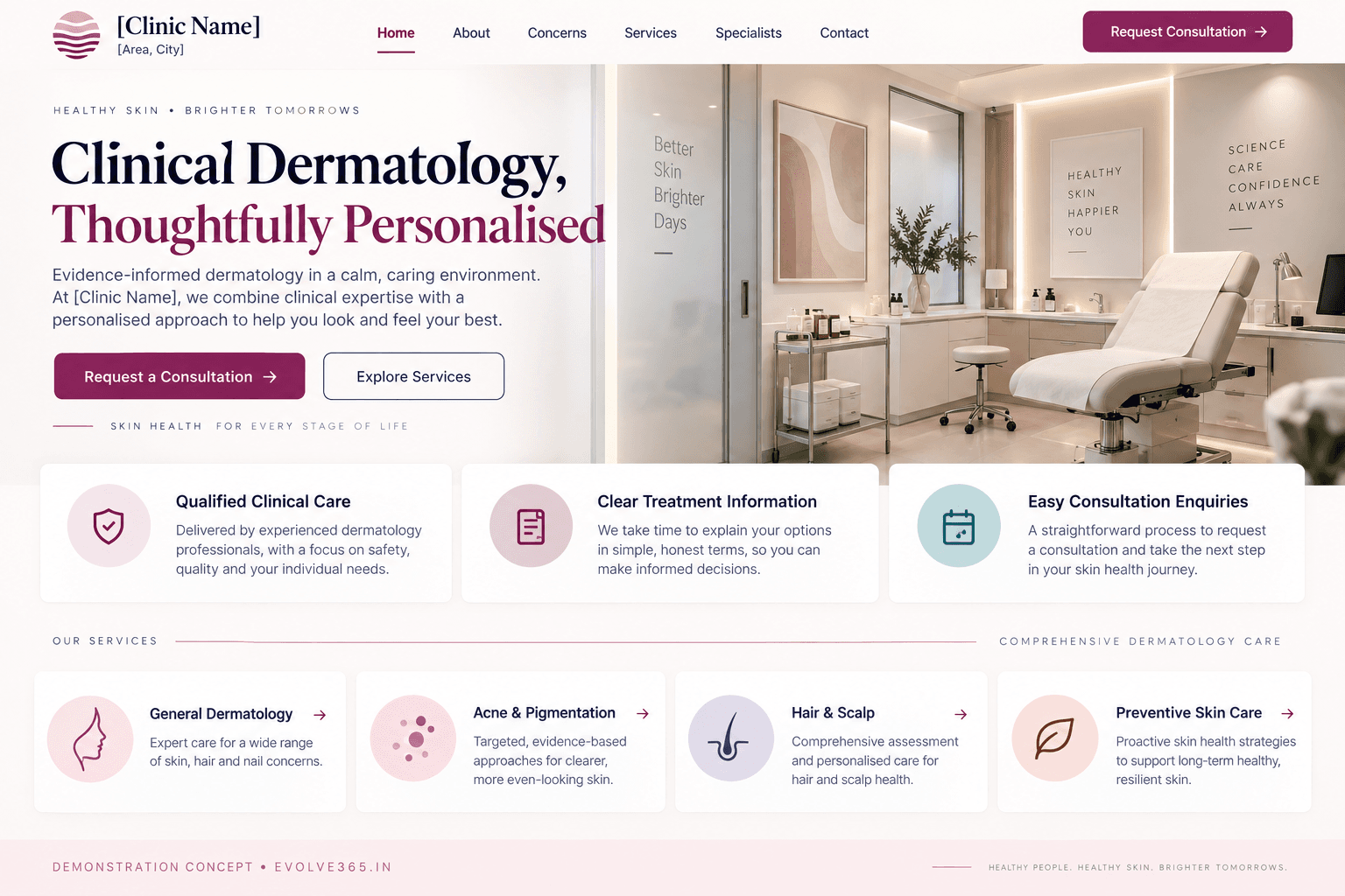 Evolve365 skin and dermatology clinic desktop website demonstration