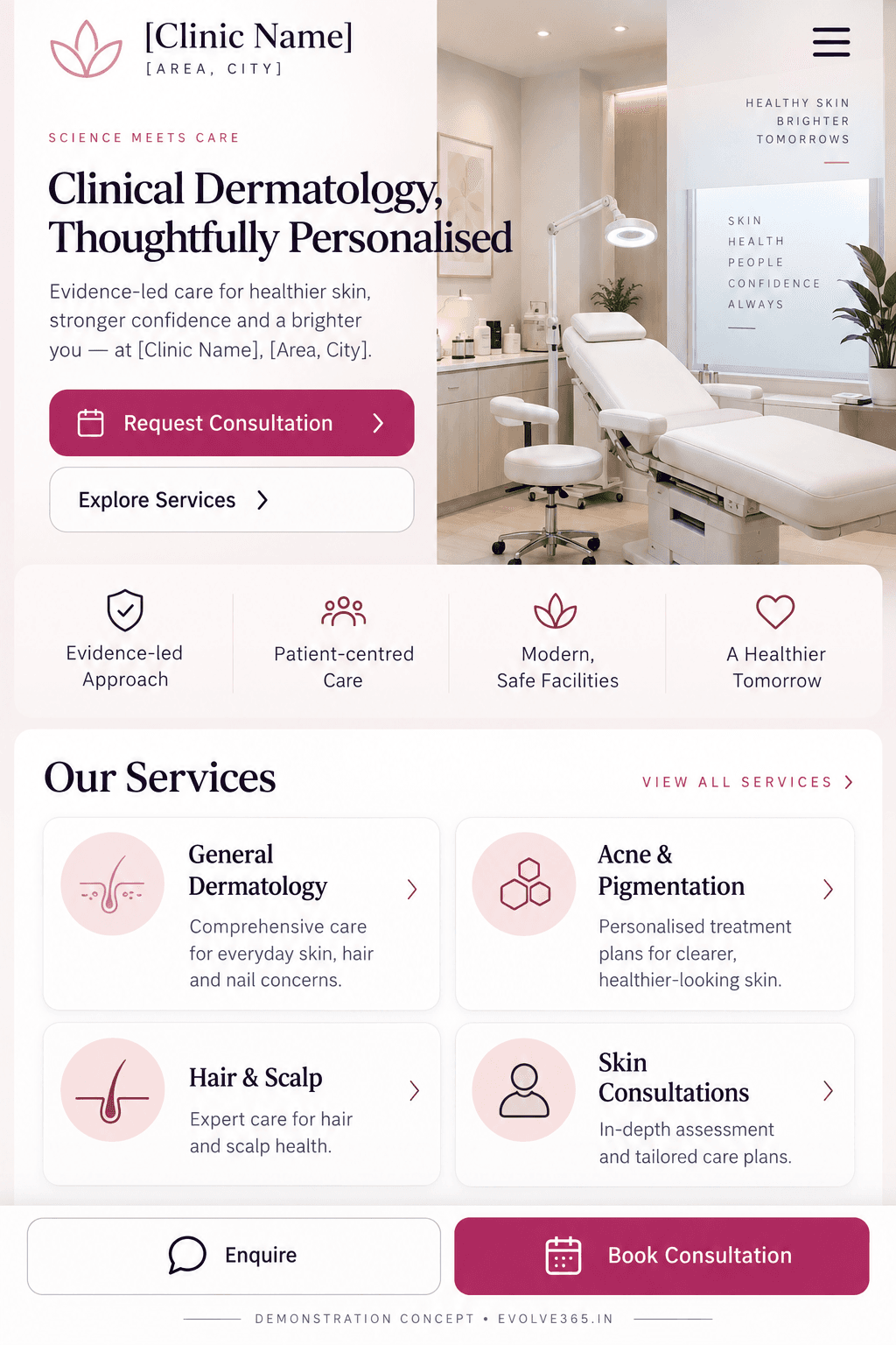 Evolve365 skin and dermatology clinic mobile website demonstration