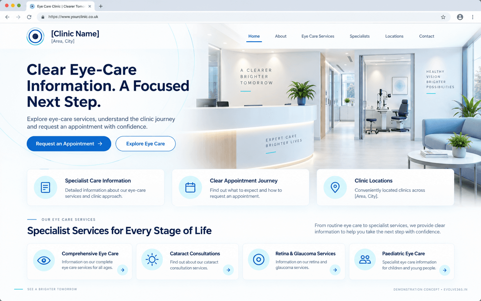 Desktop homepage concept for a fictional eye clinic